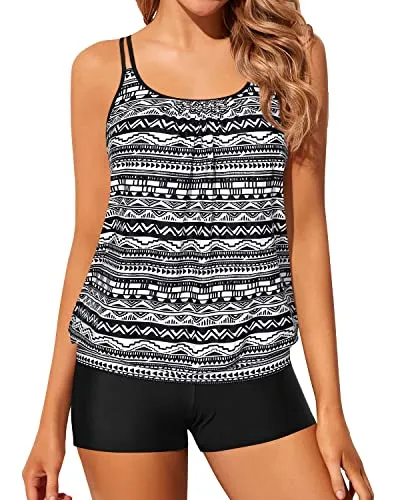 2 Piece Women Loose Blouson Tankini Tops Bathing Suits-Black Tribal