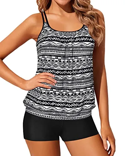 2 Piece Women Loose Blouson Tankini Tops Bathing Suits-Black Tribal