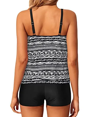 2 Piece Women Loose Blouson Tankini Tops Bathing Suits-Black Tribal