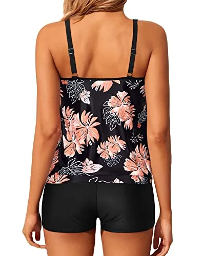 Adjustable Shoulder Straps Tankini Boyshort Swimsuits-Black Orange Floral