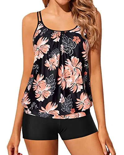 Adjustable Shoulder Straps Tankini Boyshort Swimsuits-Black Orange Floral