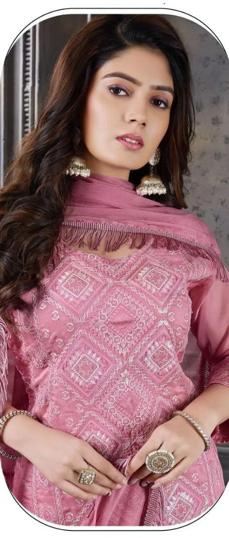 Attractive Pink Colored Heavy Organza Silk Salwar Suits With Dupatta