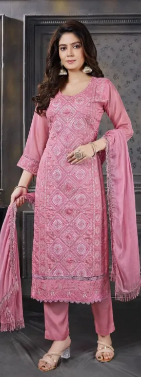 Attractive Pink Colored Heavy Organza Silk Salwar Suits With Dupatta