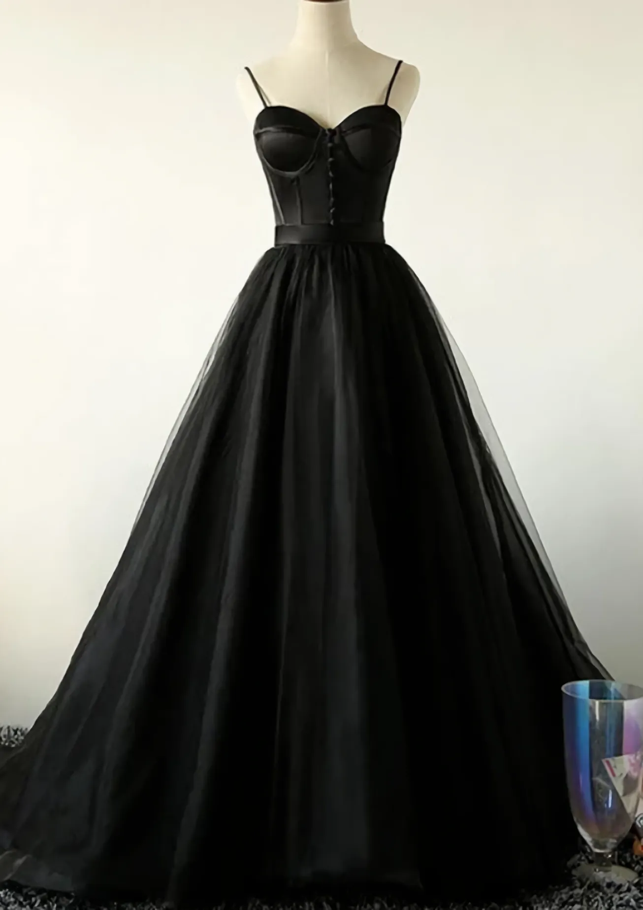 Ball Gown Spaghetti Straps Black Tulle Prom Dress Long Brush Sweep Train Prom Dress