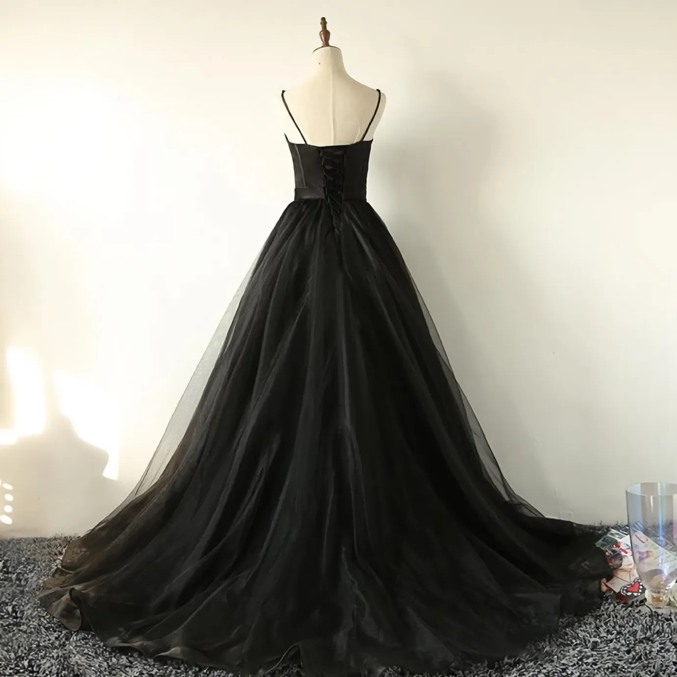 Ball Gown Spaghetti Straps Black Tulle Prom Dress Long Brush Sweep Train Prom Dress