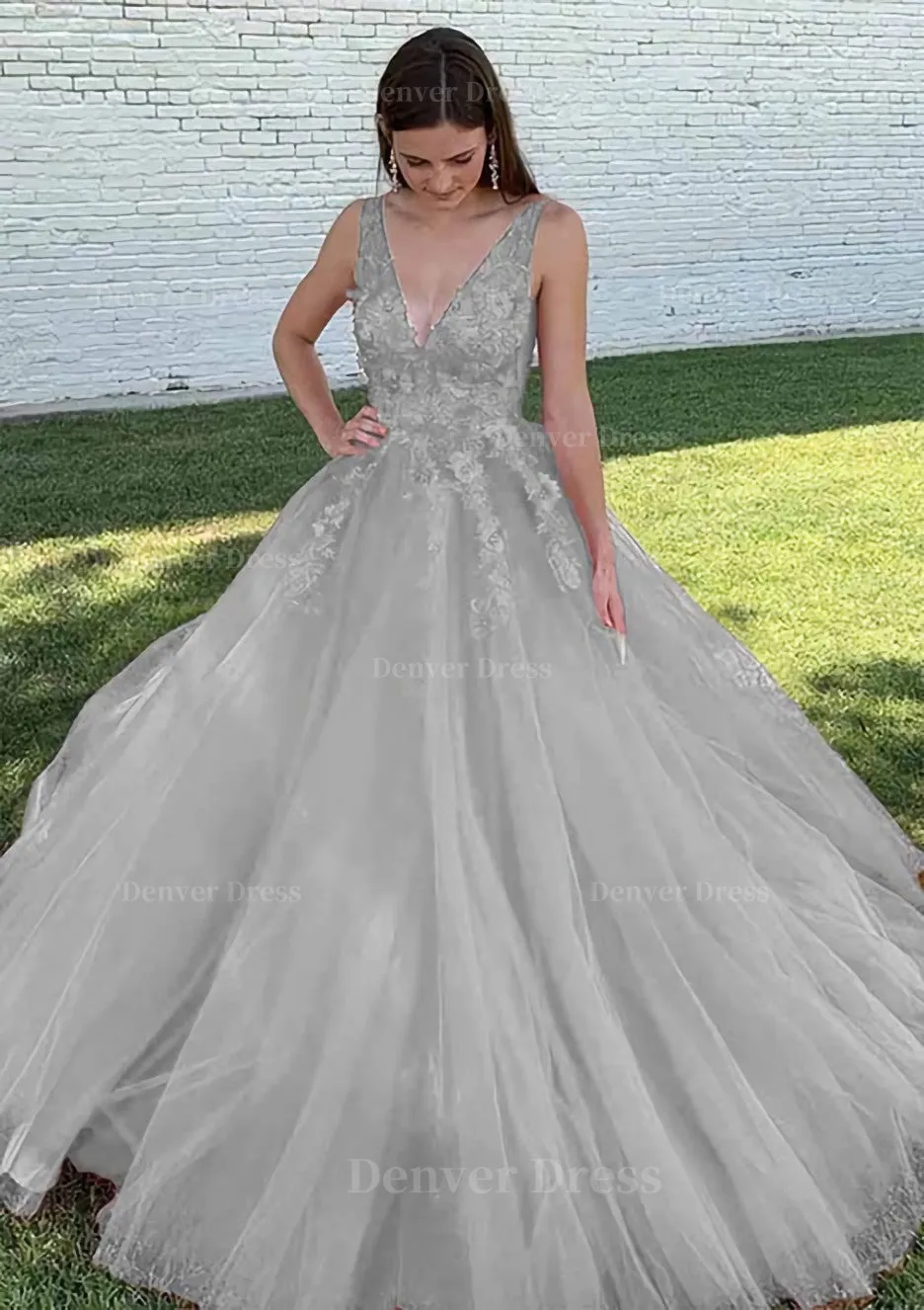 Ball Gown V Neck Court Train Lace Tulle Prom Dress With Appliqued Beading