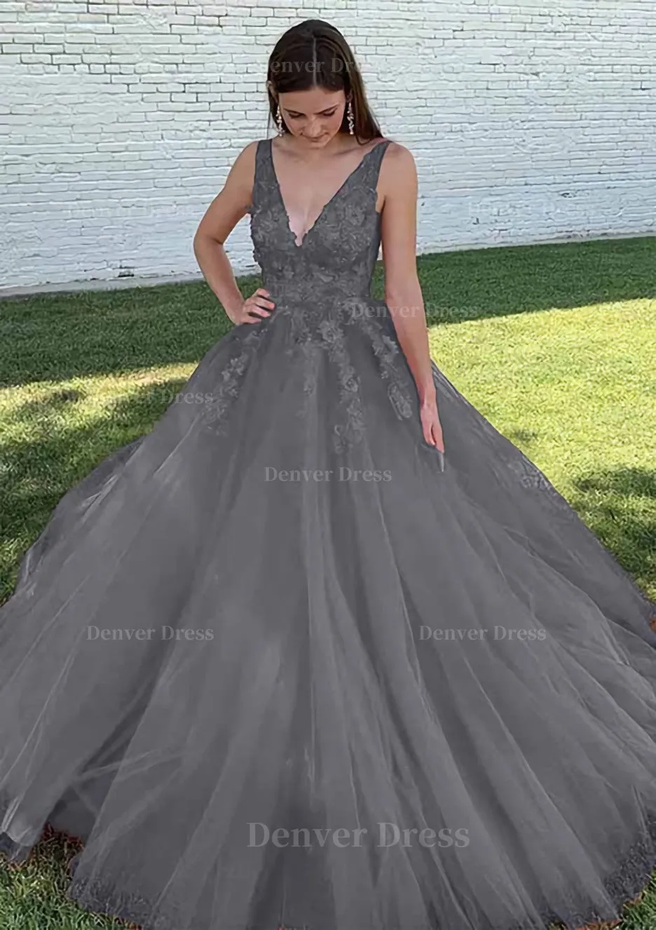 Ball Gown V Neck Court Train Lace Tulle Prom Dress With Appliqued Beading