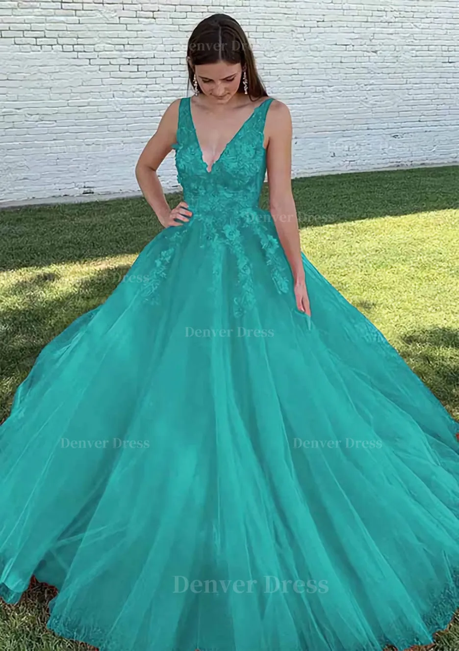 Ball Gown V Neck Court Train Lace Tulle Prom Dress With Appliqued Beading