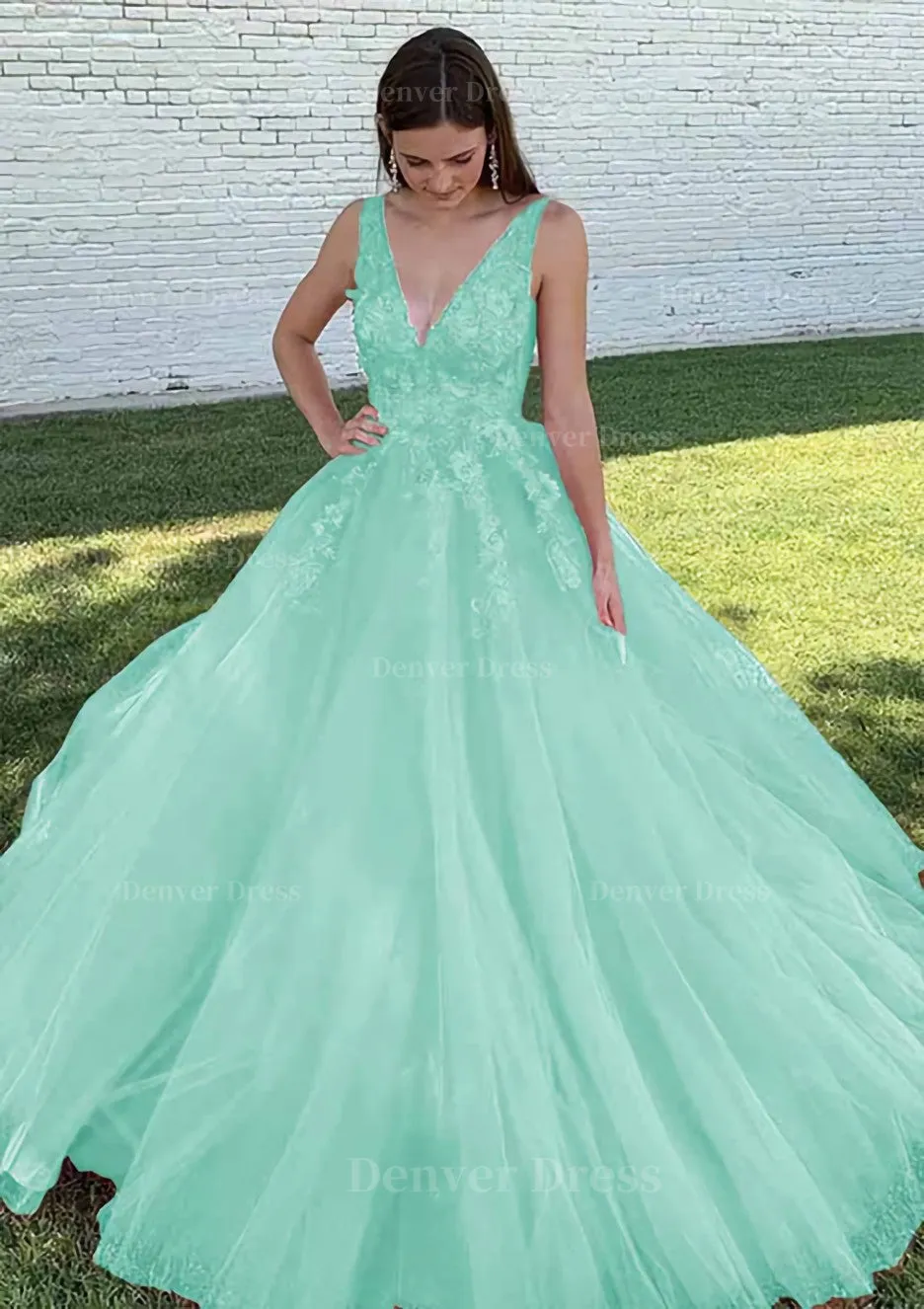 Ball Gown V Neck Court Train Lace Tulle Prom Dress With Appliqued Beading