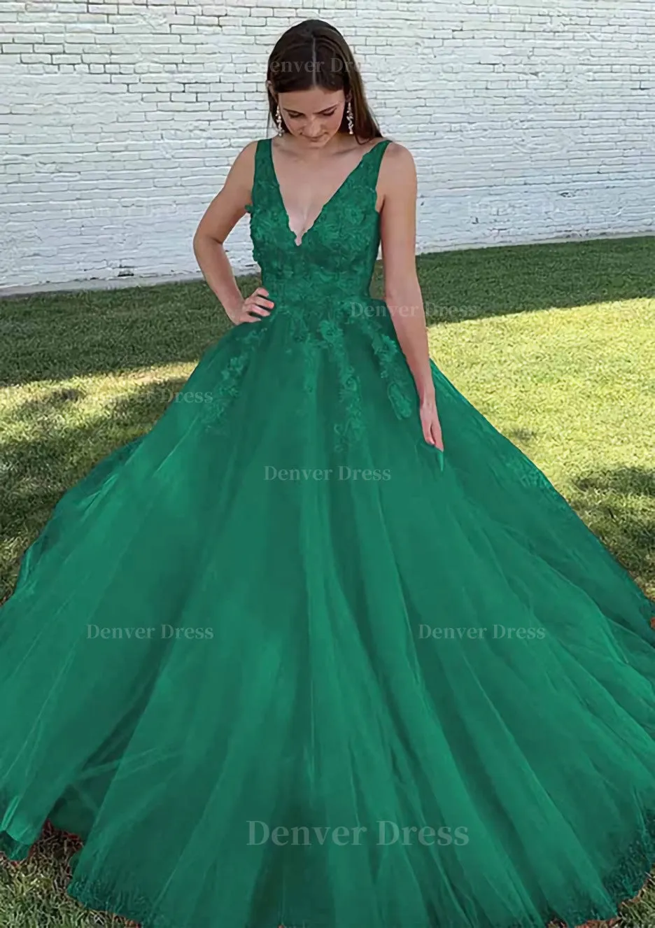 Ball Gown V Neck Court Train Lace Tulle Prom Dress With Appliqued Beading