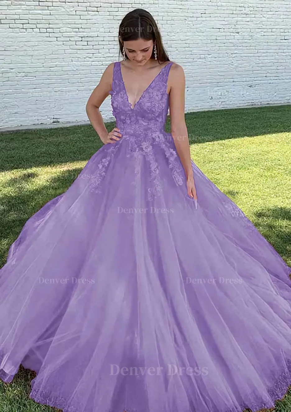 Ball Gown V Neck Court Train Lace Tulle Prom Dress With Appliqued Beading