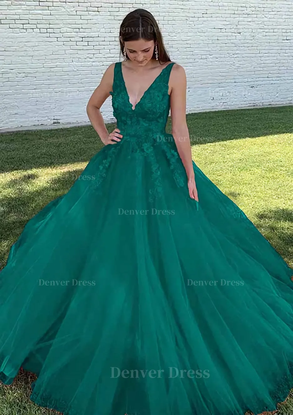 Ball Gown V Neck Court Train Lace Tulle Prom Dress With Appliqued Beading