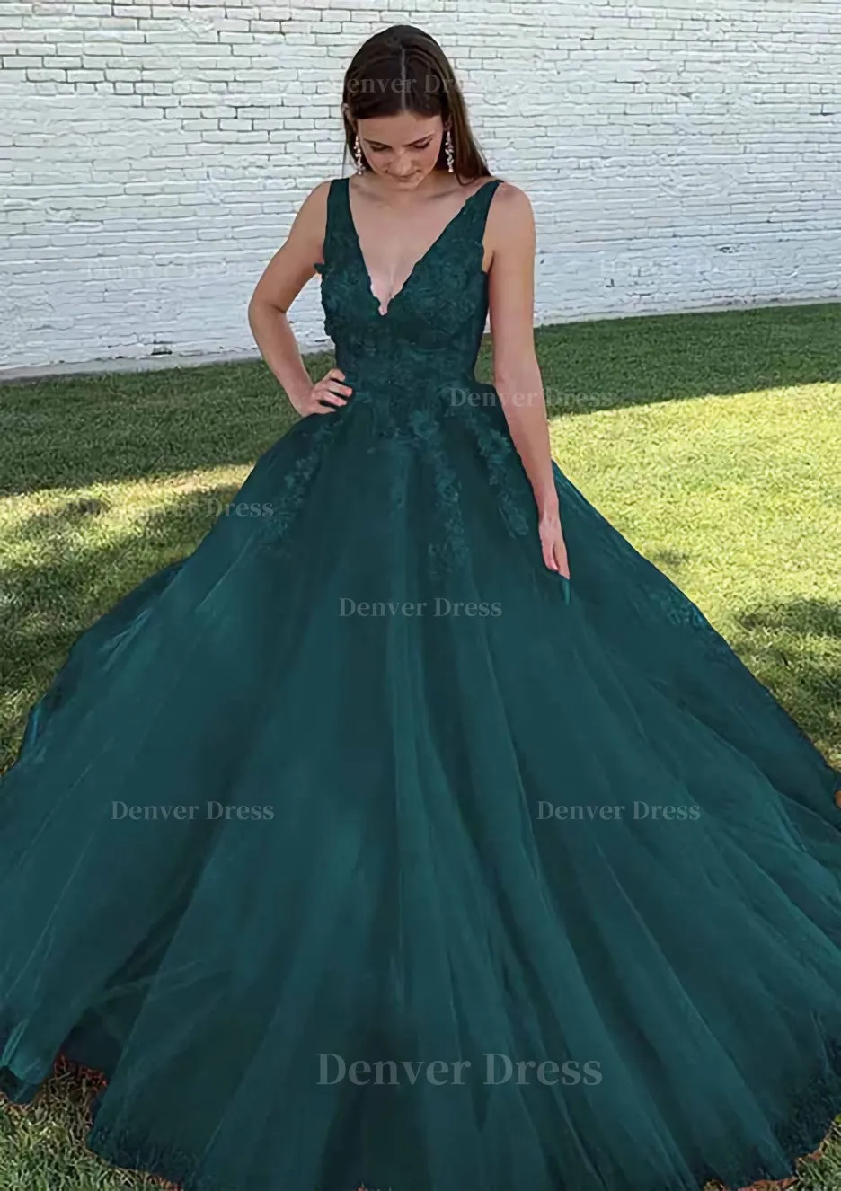 Ball Gown V Neck Court Train Lace Tulle Prom Dress With Appliqued Beading