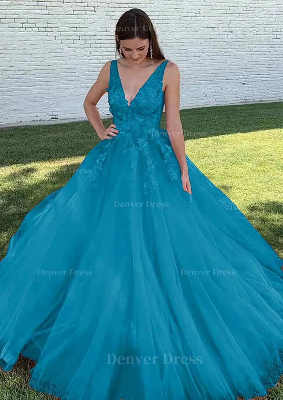 Ball Gown V Neck Court Train Lace Tulle Prom Dress With Appliqued Beading