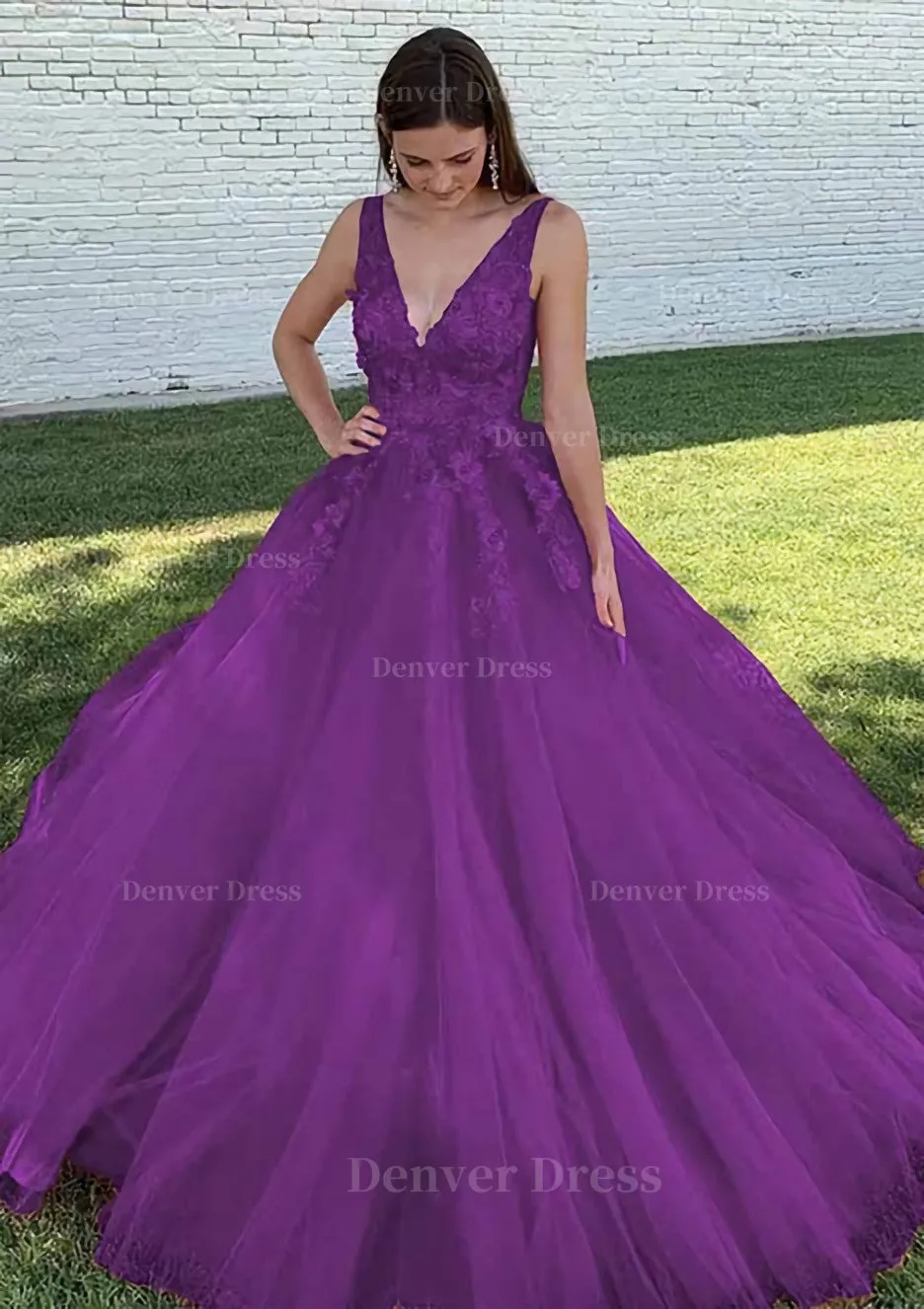 Ball Gown V Neck Court Train Lace Tulle Prom Dress With Appliqued Beading