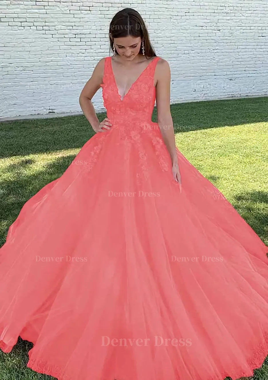 Ball Gown V Neck Court Train Lace Tulle Prom Dress With Appliqued Beading