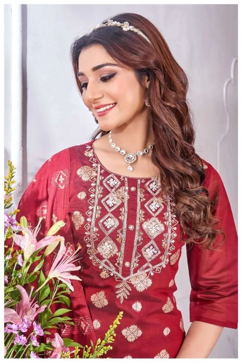 Beautiful Red Color Silk Salwar Suits With Banarasi Dupatta For Women