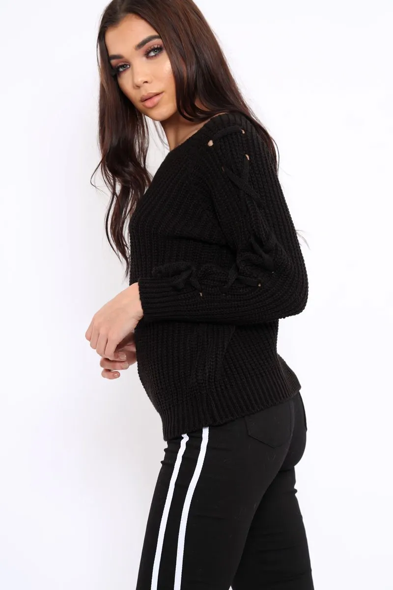 Black Chunky Knit Lace Up Sleeve Jumper - Sarah