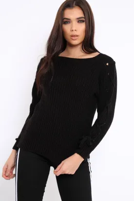 Black Chunky Knit Lace Up Sleeve Jumper - Sarah