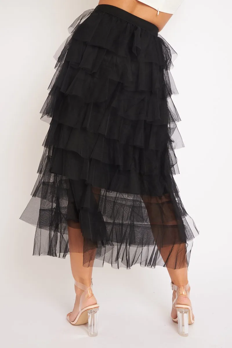 Black High Waisted Tulle Ruffle Midi Skirt - Aaliyana