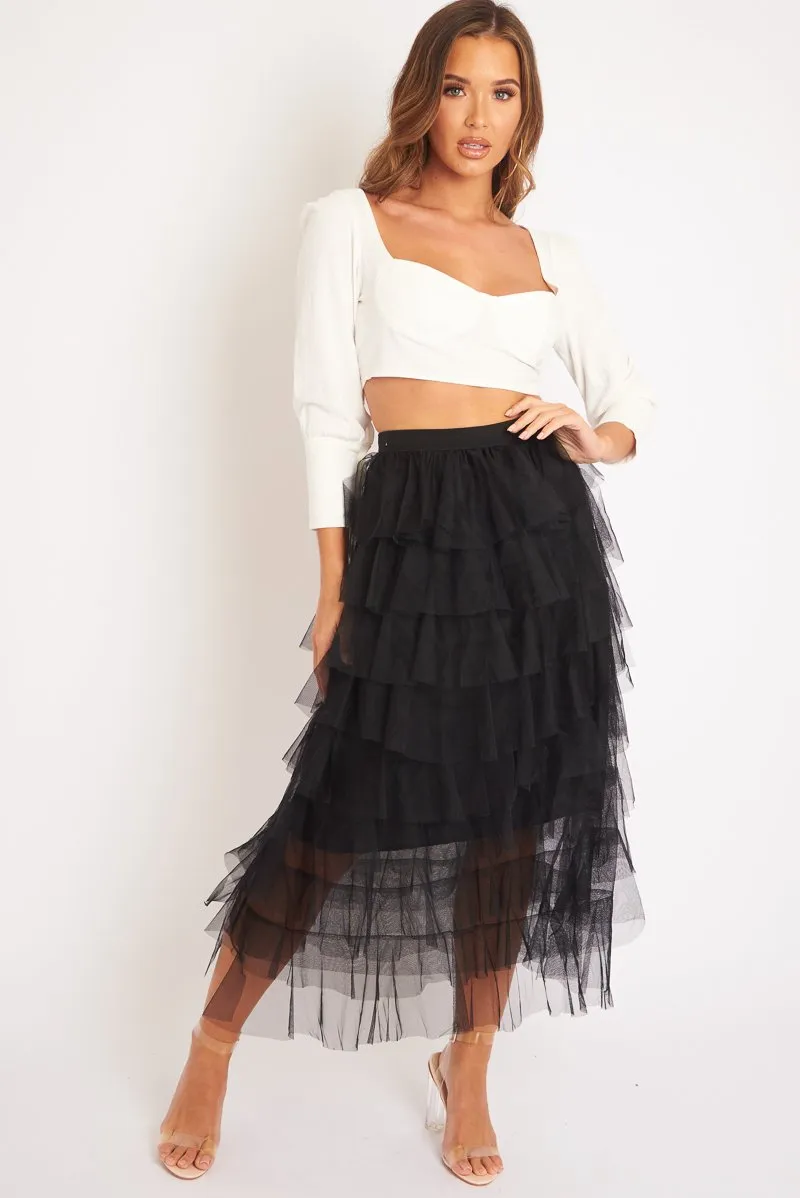 Black High Waisted Tulle Ruffle Midi Skirt - Aaliyana