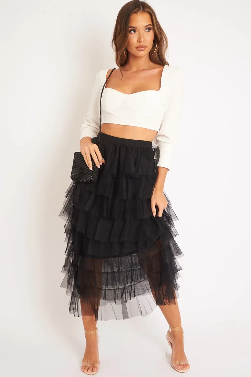 Black High Waisted Tulle Ruffle Midi Skirt - Aaliyana