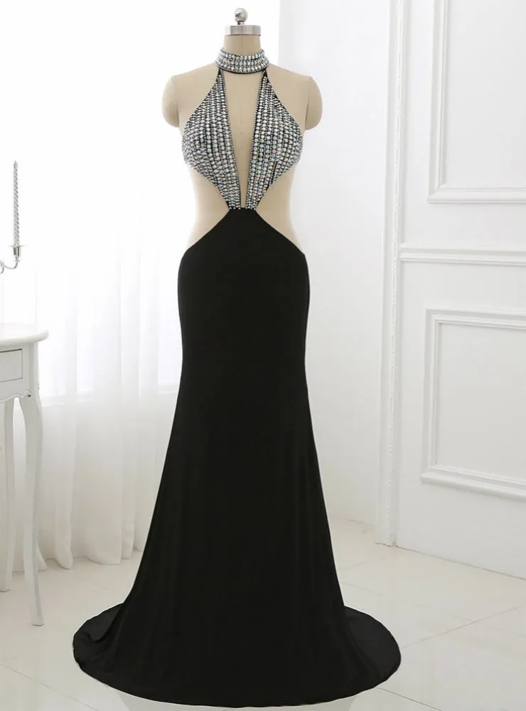 Black Long Prom Dress Illusion Party Gowns High Collar