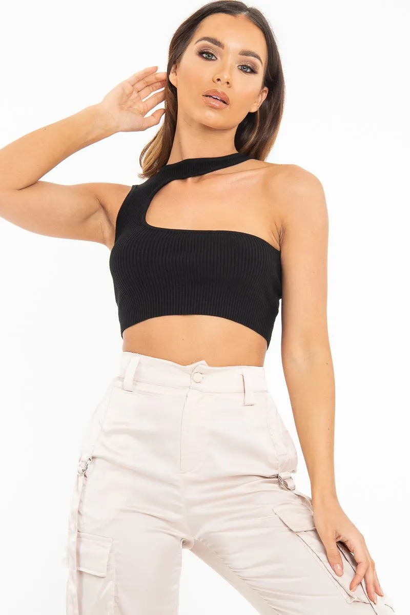 Black Rib Knit High Neck Cut Out Crop Top - Lucey