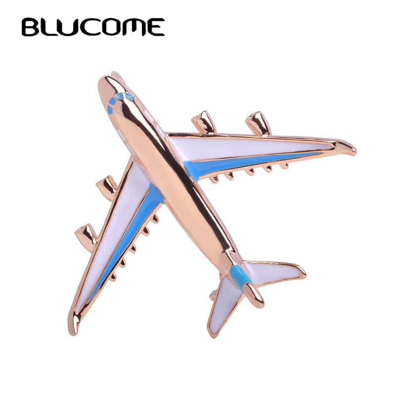 Blucome Cute Little Airplane Brooch Blue Enamel Gold-color Metal Brooches Pin Fighter Aircraft Model Jewelry Suit Clothes Clips