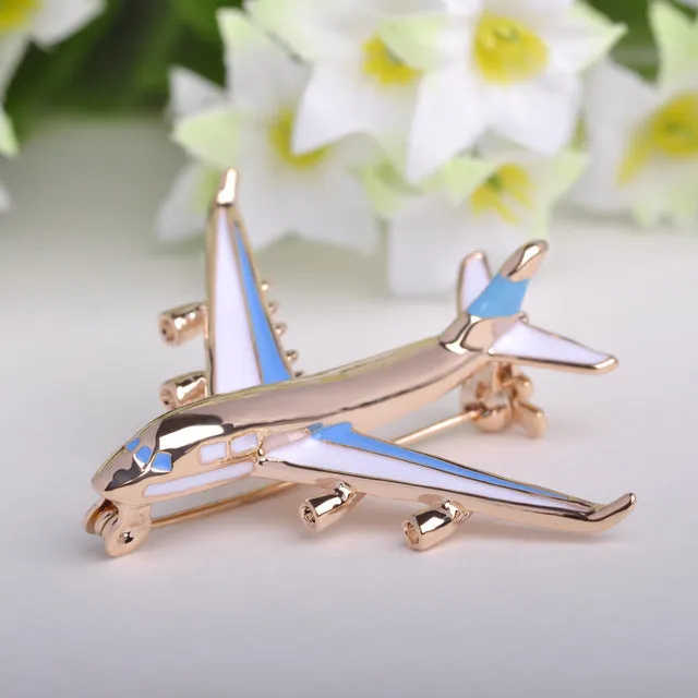 Blucome Cute Little Airplane Brooch Blue Enamel Gold-color Metal Brooches Pin Fighter Aircraft Model Jewelry Suit Clothes Clips