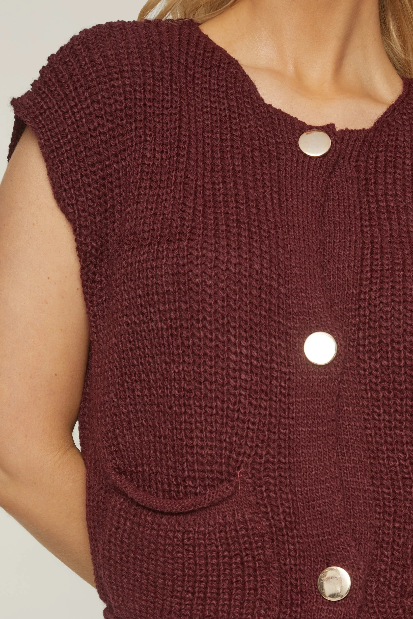 Burgundy Knit Button Up Sleeveless Cardigan - Sally