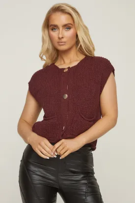 Burgundy Knit Button Up Sleeveless Cardigan - Sally