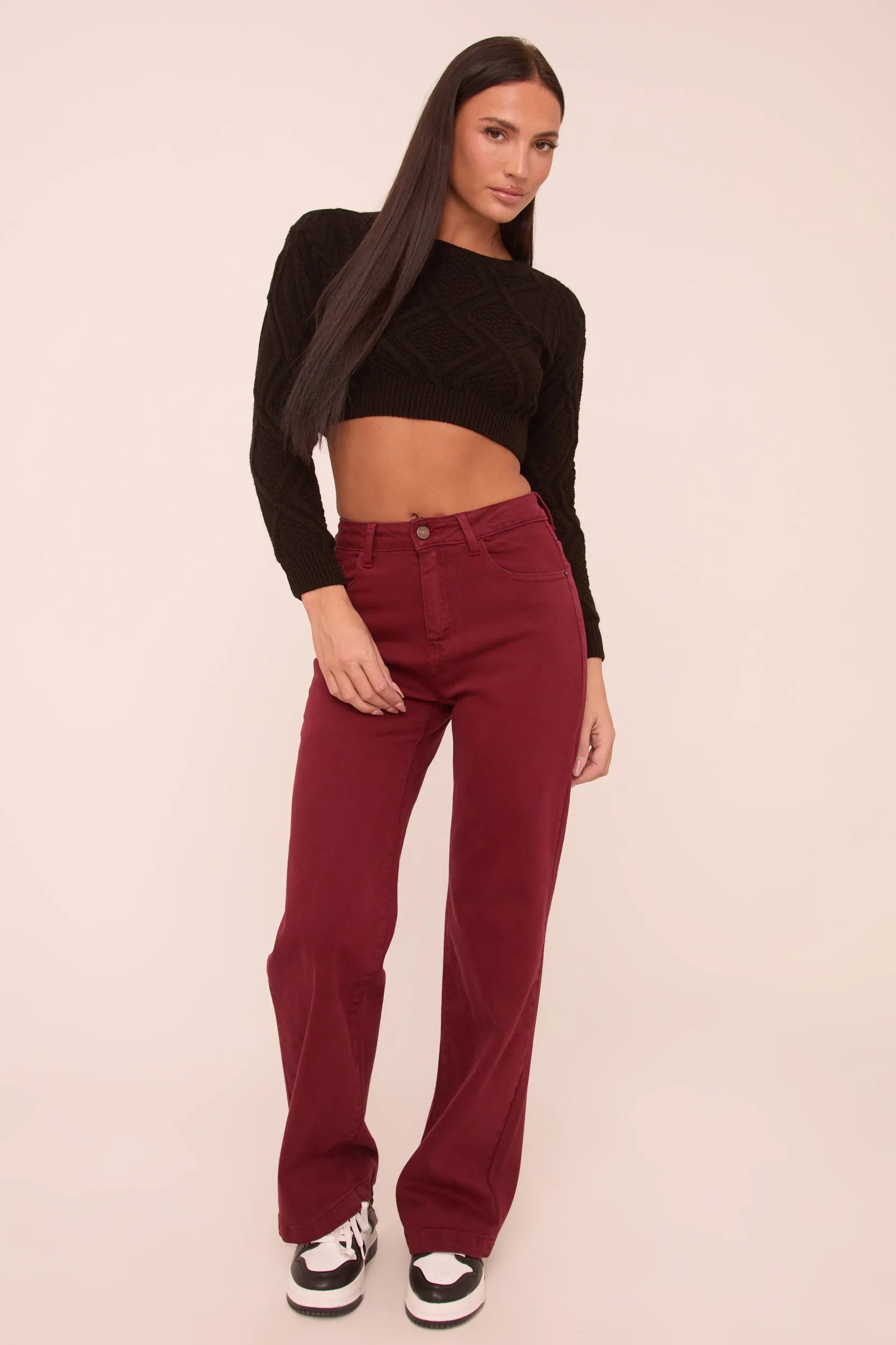 Burgundy Stretch Mid Waist Straight Leg Denim Jeans - Misha