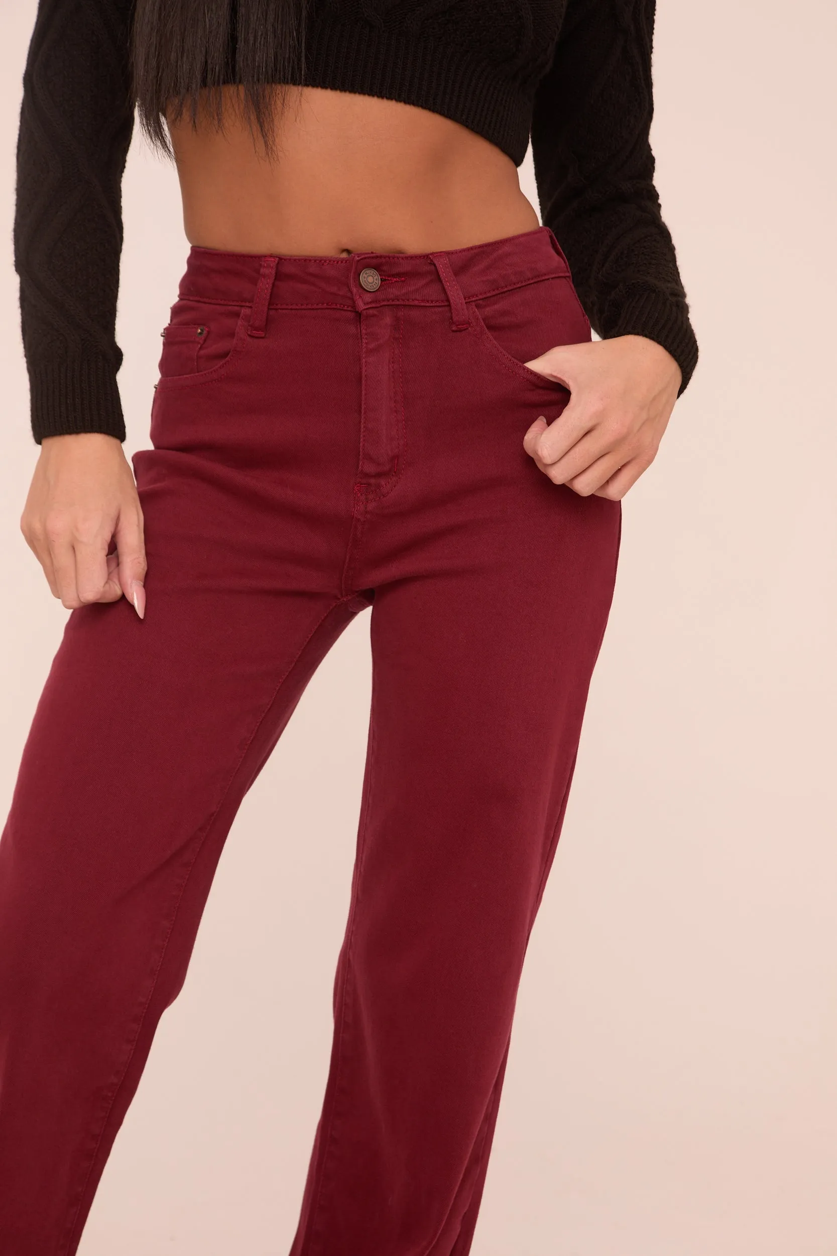 Burgundy Stretch Mid Waist Straight Leg Denim Jeans - Misha