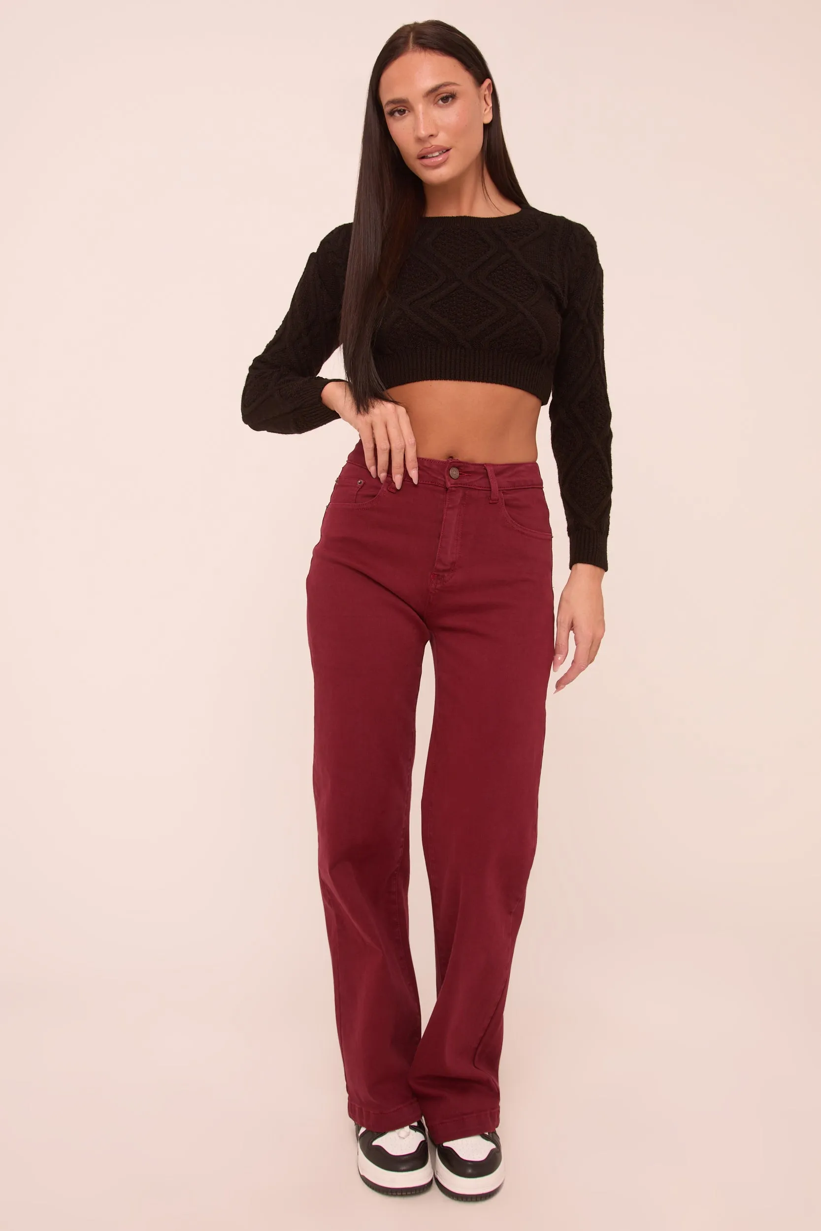 Burgundy Stretch Mid Waist Straight Leg Denim Jeans - Misha