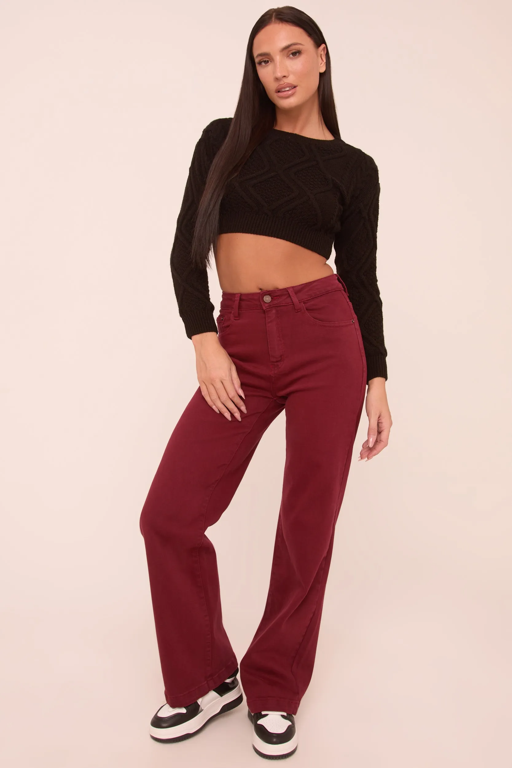 Burgundy Stretch Mid Waist Straight Leg Denim Jeans - Misha