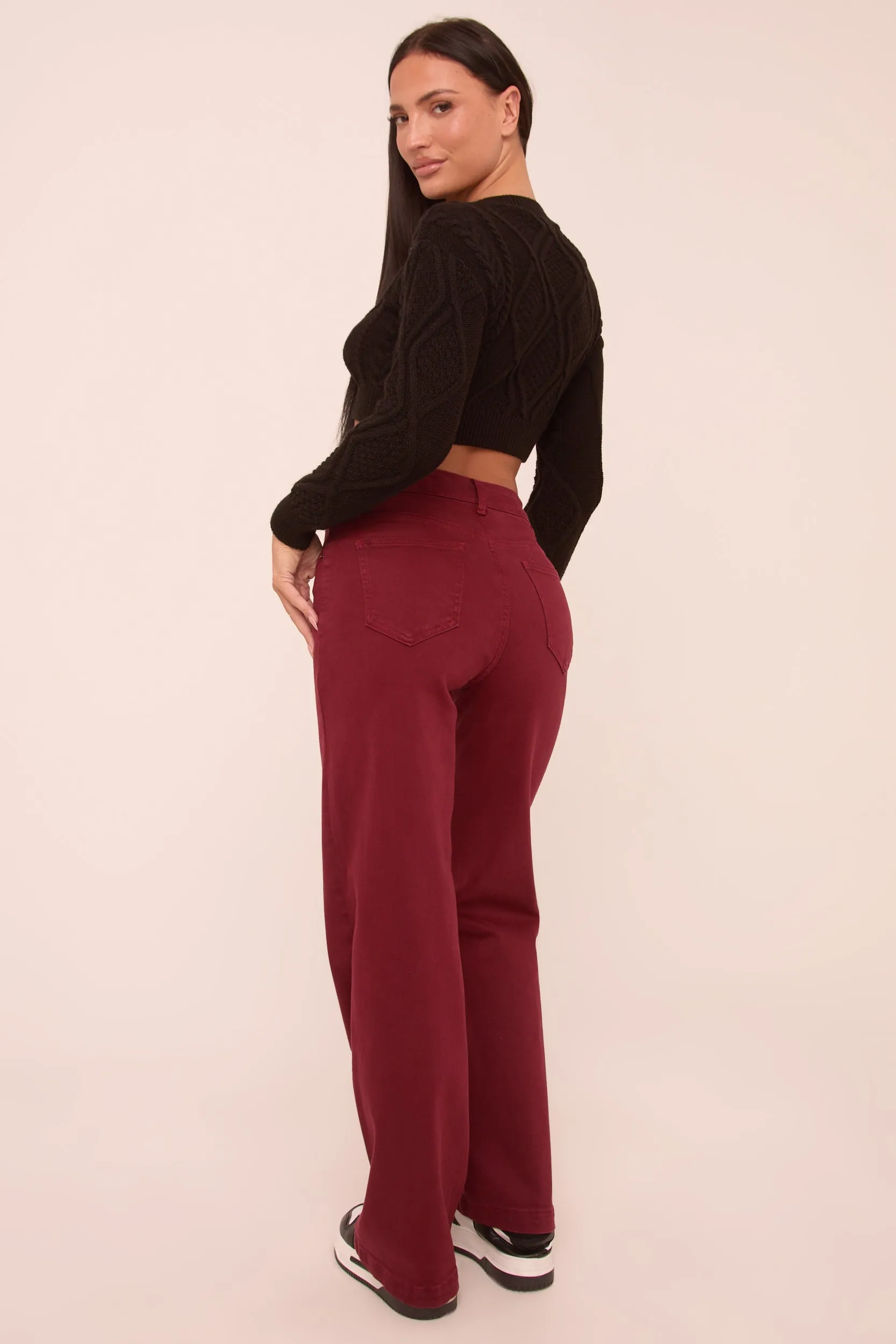 Burgundy Stretch Mid Waist Straight Leg Denim Jeans - Misha