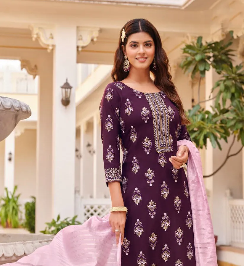 Charming Purple Color Rayon Embroidery Work Kurti With Dupatta Sets