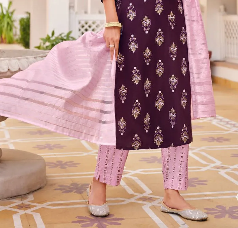 Charming Purple Color Rayon Embroidery Work Kurti With Dupatta Sets