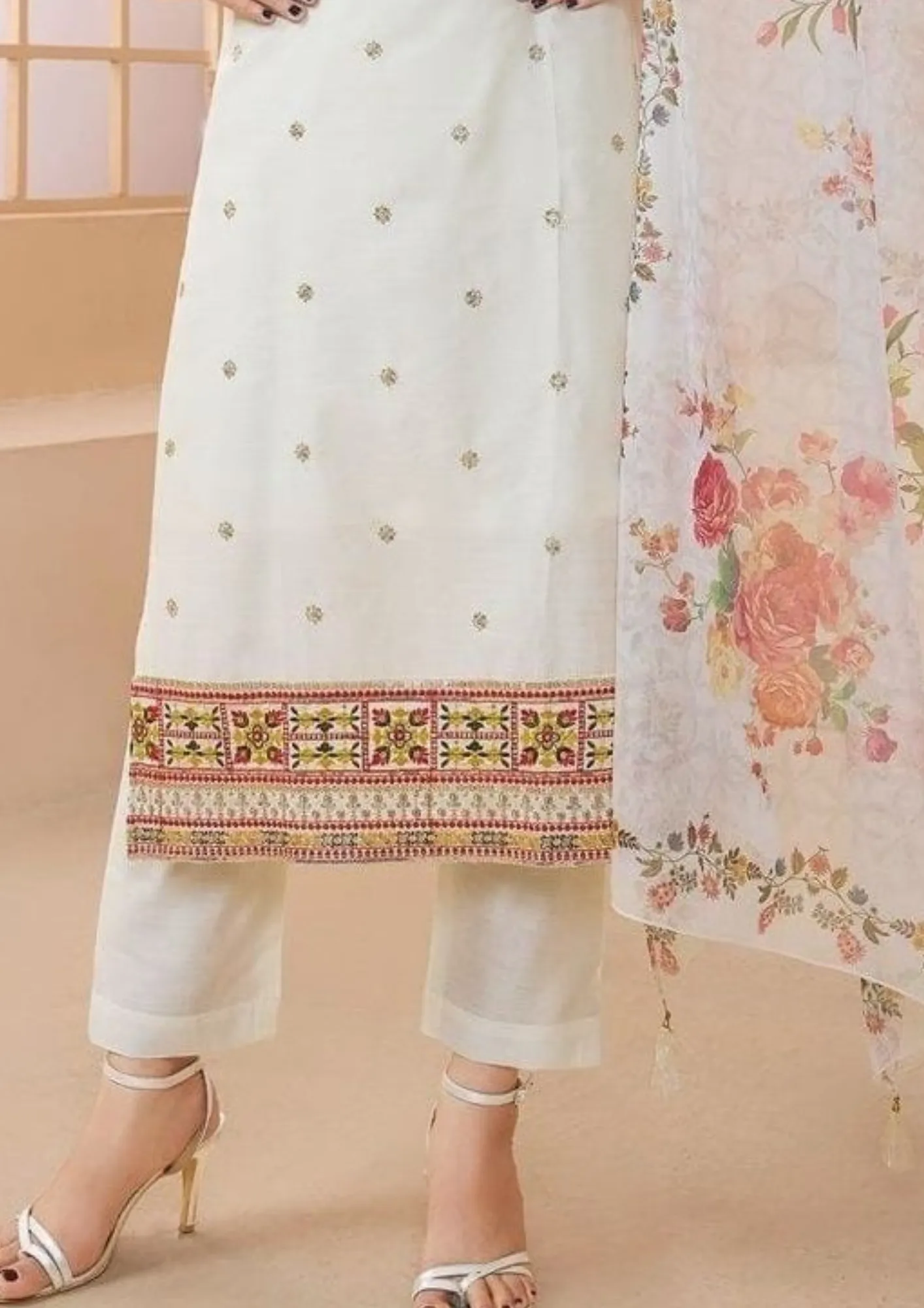 Charming White Colored Chanderi Silk With Floral Design Salwar Suits