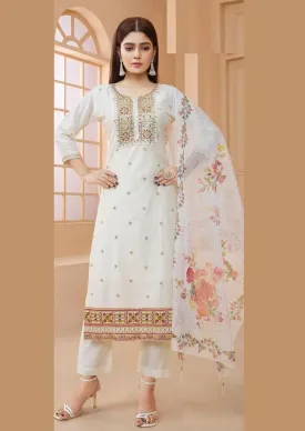 Charming White Colored Chanderi Silk With Floral Design Salwar Suits