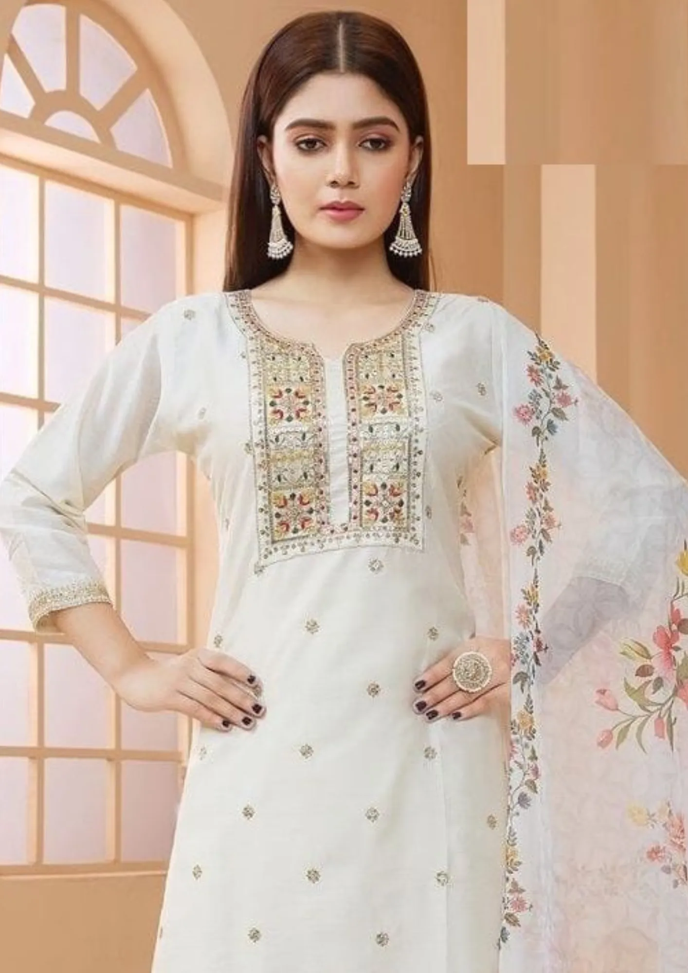 Charming White Colored Chanderi Silk With Floral Design Salwar Suits