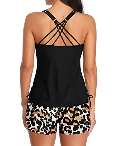 Chic Criss Cross Back 2 Piece Tankini For Women-Black And Leopard