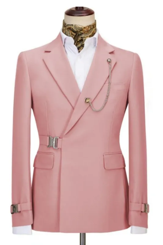 Chic Pink Notched Lapel Slim Fit Prom Suits Metal Side Release Buckle Two Piece Wedding Party Suits