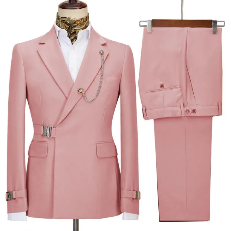 Chic Pink Notched Lapel Slim Fit Prom Suits Metal Side Release Buckle Two Piece Wedding Party Suits