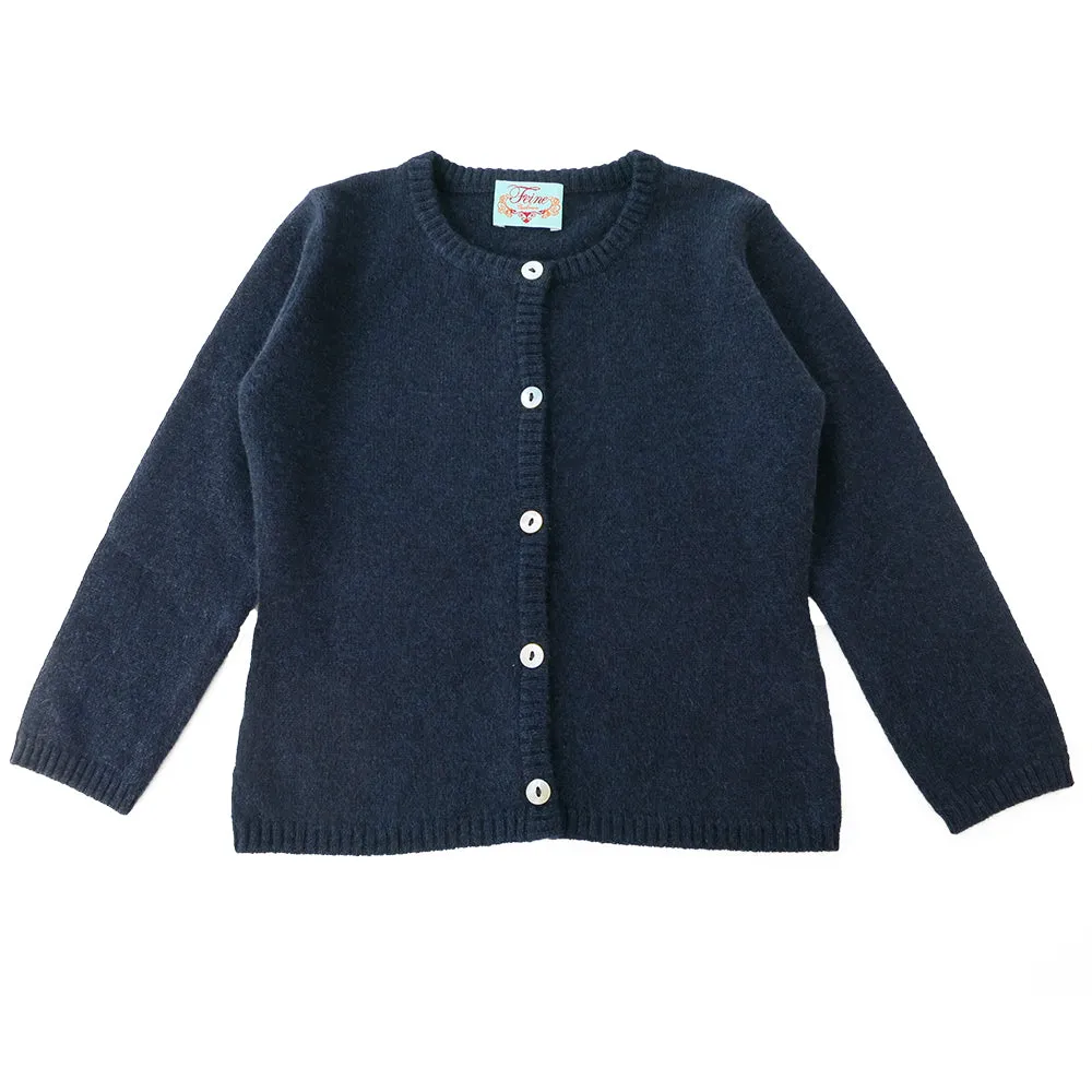 Classic Girls Crew Neck Cashmere Cardigan in Nero Navy