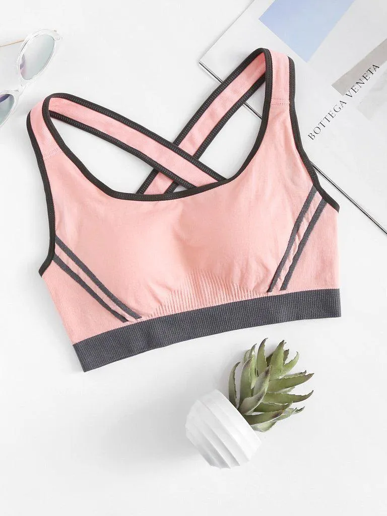 Criss Cross Back Contrast Piping Sports Bra