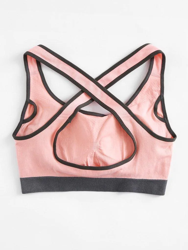 Criss Cross Back Contrast Piping Sports Bra