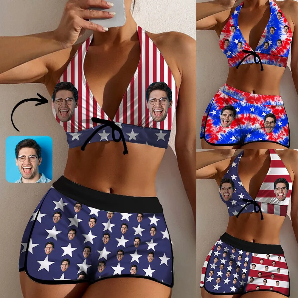 Custom Face Red&Blue American Flag Boyshorts Bikini Set Personalized Halter V Neck Top Athletic Bathing Suit High Waisted Bikini