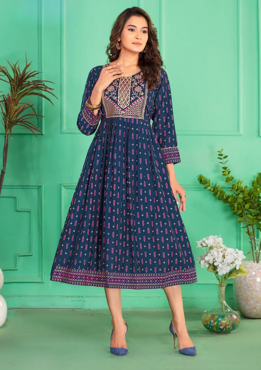 Elegant Blue color Screen Print Flared Long Kurti With Computer Embroidery Yock With Lace Kurti For Women